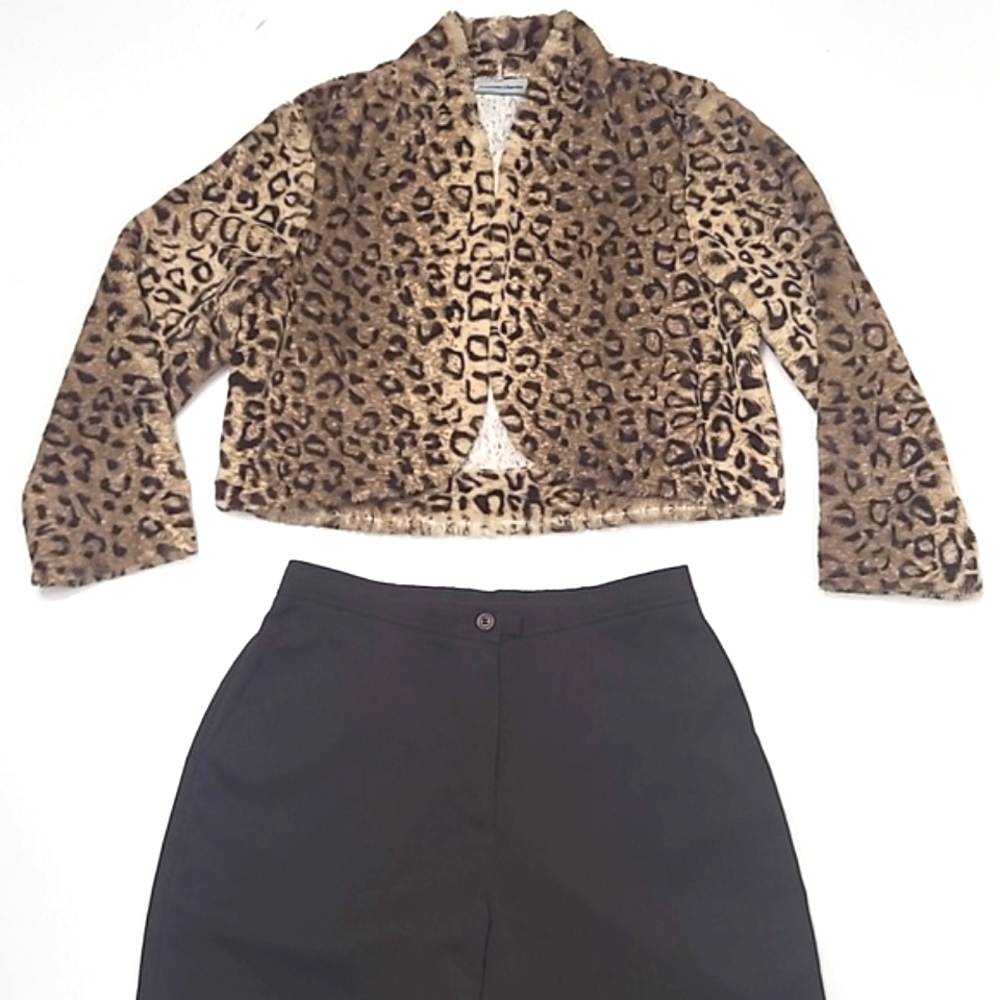 Amanda Charles Crop Faux Fur Jacket Leopard Print Open Front Coat Animal Cheetah